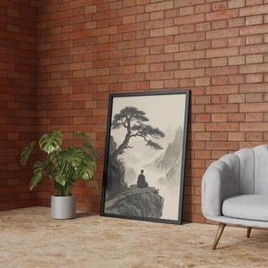 Framed Zen Buddha Bodhi Tree print with a meditating silhouette on misty rocky cliffs; moody vintage Chinese Buddhist artwork.
