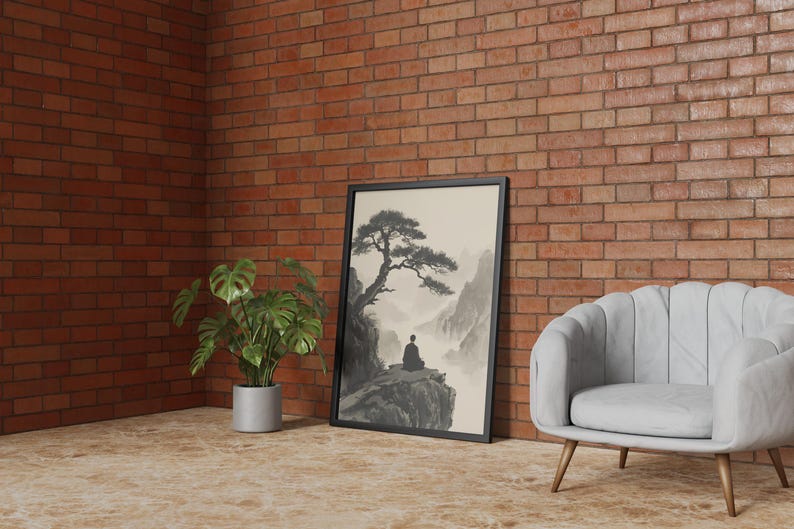 Framed Zen Buddha Bodhi Tree print with a meditating silhouette on misty rocky cliffs; moody vintage Chinese Buddhist artwork.