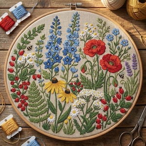 Könnte beinhalten: Ein runder hölzerner Stickrahmen mit einem Stoffeinsatz, der ein detailliertes botanisches Motiv zeigt. Die Stickerei besteht aus blauen Ritterspornen, roten Mohnblumen, gelben Sonnenhüten, weißen Gänseblümchen, grünen Farnen, roten Beeren und kleinen Bienen.