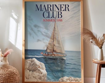 Vintage Sailboat Wall Art, 70s Nautical Print, Coastal Preppy Decor, Classic Yacht Poster, Digital Download