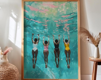Black Woman Swimming Art Print, Beach Wall Decor (Digital Download)