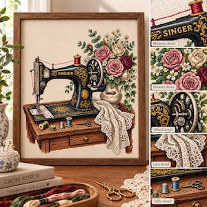 May include: A framed cross-stitch embroidery depicting a vintage black Singer sewing machine on a wooden table, accompanied by a bouquet of pink and cream roses, a white lace cloth, spools of thread, a thimble, and small metal scissors.