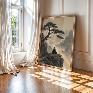 Framed Zen Buddha Bodhi Tree print with a meditating silhouette on misty rocky cliffs; moody vintage Chinese Buddhist artwork.