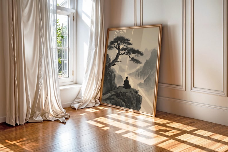 Framed Zen Buddha Bodhi Tree print with a meditating silhouette on misty rocky cliffs; moody vintage Chinese Buddhist artwork.