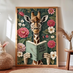 Ilustración de safari con jirafa: impresión artística: decoración de pared de guardería de vida silvestre amarilla para biblioteca de cuentos o sala de juegos de aprendizaje