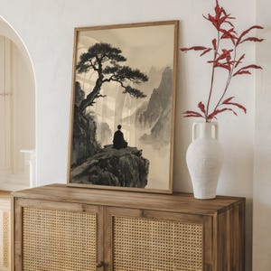 Framed Zen Buddha Bodhi Tree print with a meditating silhouette on misty rocky cliffs; moody vintage Chinese Buddhist artwork.