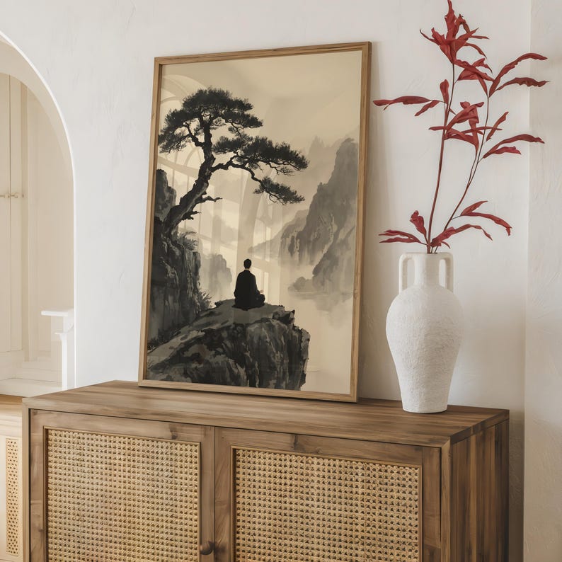 Framed Zen Buddha Bodhi Tree print with a meditating silhouette on misty rocky cliffs; moody vintage Chinese Buddhist artwork.
