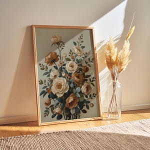 Earth Tone Floral Printable Vintage Botanical Painting, Boho Cottagecore Digital Watercolor, Maximalist Eclectic Wall Art Decor