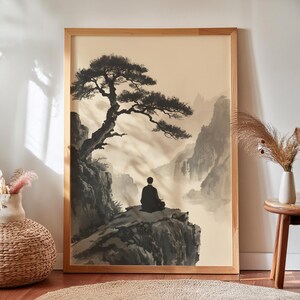 Framed Zen Buddha Bodhi Tree print with a meditating silhouette on misty rocky cliffs; moody vintage Chinese Buddhist artwork.