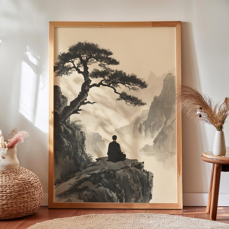 Framed Zen Buddha Bodhi Tree print with a meditating silhouette on misty rocky cliffs; moody vintage Chinese Buddhist artwork.