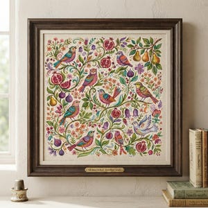 Folk Art Birds Cross Stitch PDF Botanical Colorful Floral Chart