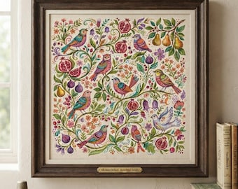 May include: A framed cross-stitch sampler titled Folk Art Orchard featuring a colorful botanical design with various birds, pomegranates, pears, and figs intertwined with green vines and small flowers on a light beige fabric background.