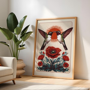 Hummingbird Folk Art Print: Scandinavian Farmhouse Wall Decor (Digital Download