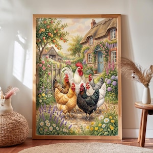 May include: A framed wall art print depicting a rural scene with a group of chickens in various colors including white, black, and brown standing in a garden. The background features a stone cottage with a thatched roof, an apple tree, and flowers.
