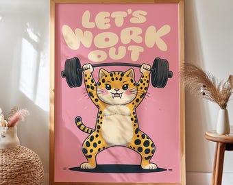 Arte mural de gato entrenando, impresión divertida de motivación para el gimnasio, póster de gato levantando pesas, decoración humorística para el gimnasio, descarga digital