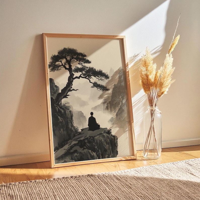 Framed Zen Buddha Bodhi Tree print with a meditating silhouette on misty rocky cliffs; moody vintage Chinese Buddhist artwork.