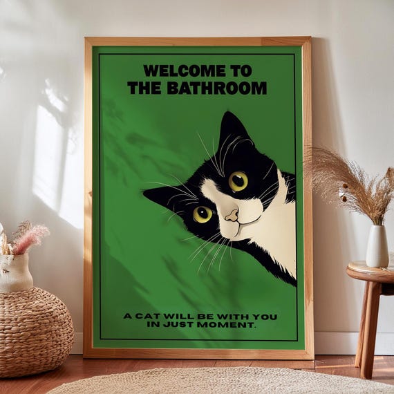 Funny Tuxedo Cat Bathroom Print, Quirky Restroom Wall Art (Digital Download)