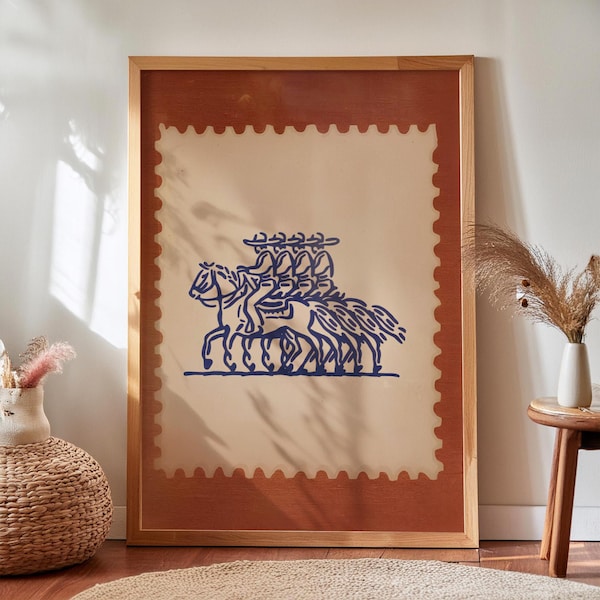 Mexico Cowboys on Horseback Print: Vintage Western Stamp Art (Digital Download)