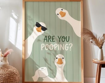Funny Goose Bathroom Print, Sage Green Stripes Pooping Wall Art (Digital Download)