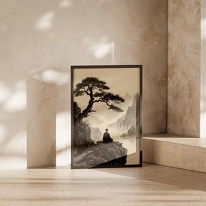 Framed Zen Buddha Bodhi Tree print with a meditating silhouette on misty rocky cliffs; moody vintage Chinese Buddhist artwork.