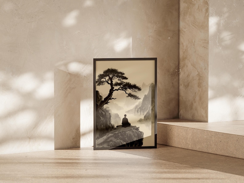 Framed Zen Buddha Bodhi Tree print with a meditating silhouette on misty rocky cliffs; moody vintage Chinese Buddhist artwork.