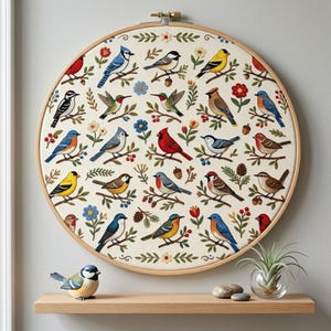 May include: A circular embroidery hoop featuring a cream-colored fabric panel with a detailed cross-stitch pattern of various colorful birds, flowers, and foliage. The wooden frame holds the fabric taut, displaying a diverse avian collection.