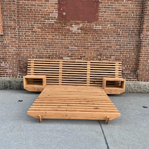 Solid wood bed frame with side nightstands and headboard