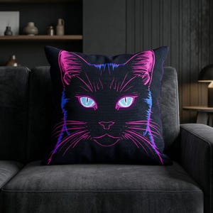 Neon Cat Pillow Cover, Cyberpunk Gamer Room Decor, RGB Aesthetic Cushion, Black Cat Neon Art, Gaming Setup Decor, Unique Gift
