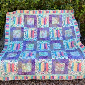 Handmade Batik Quilt, 49" Square, Spring Colors With Pink and Purple ...