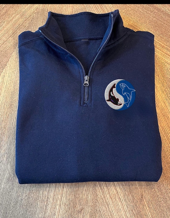 Embroidered Whale Sweatshirt, 3/4 Zip up Orca Pullover, Marine