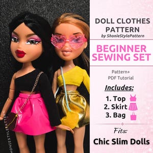 Beginner Sewing Set for Bratz-Size Dolls | Asymmetrical Top, Skirt & Lip Bag PDF Pattern + Tutorial
