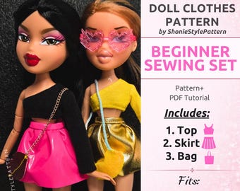 Conjunto de costura para principiantes para muñecas Bratz® / Top asimétrico, falda y bolso con forma de labios. Patrón en PDF + tutorial.