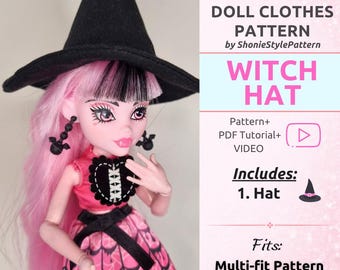 May include: A doll wearing a black witch hat, a pink top with a black heart-shaped lace-up detail, and a pink skirt with a black spiderweb pattern. Text on the right reads DOLL CLOTHES PATTERN by ShonieStylePattern, WITCH HAT, Pattern+PDF Tutorial+VIDEO, Includes: 1. Hat, Fits: Multi-fit Pattern.