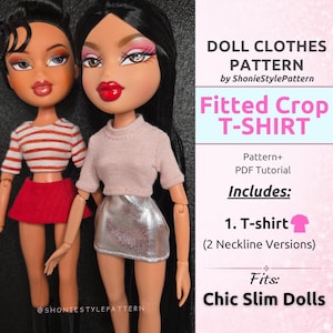 Könnte beinhalten: Zwei Puppen tragen eng anliegende bauchfreie T-Shirts und Röcke. Der Text lautet: DOLL CLOTHES PATTERN by ShonieStylePattern, Fitted Crop T-SHIRT, Pattern+ PDF Tutorial, Includes: 1. T-shirt (2 Neckline Versions), Fits: Chic Slim Dolls.
