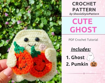 May include: A crochet pattern PDF tutorial titled CROCHET PATTERN by ShonieStylePattern CUTE GHOST. The image features a cream-colored crocheted ghost holding two orange pumpkins with green stems and black stitched faces, plus text listing Ghost and Pumpkin.
