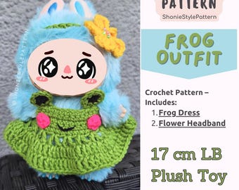 Häkelanleitung für 17 cm Plüschtier – Froschkleid & Blumen Haarband – PDF Anleitung