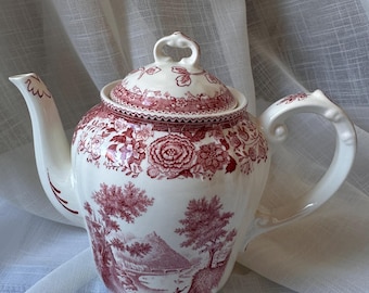 Teiera vintage Villeroy Boch Burgenland Red Transferware in porcellana tedesca, stile cottagecore/farmhouse, produzione Metlach