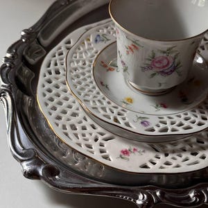 Vintage Porcelain Tea Trio, thin  Floral Lattice Tea Cup & Saucer, German Bone China, Elegant Tea Set, Burg Landau, collectible porcelain