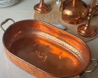 Vintage Gehämmert Kupfer Bräter | Messing Griffe, ovale Servierplatte, italienische Bauernhaus Küche