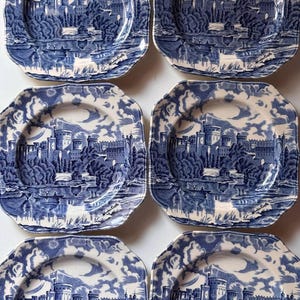 Vintage Johnson Brothers Windsor Castle Plates, Set of 6, Blue & White Ironstone, 15 cm Dessert or Side Plates,  English cottagecore decor