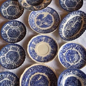 Set of 6 Vintage Blue and White Plates, Random Mix Match Dinnerware, Transferware Porcelain China, Farmhouse plate, rustic, burgerland