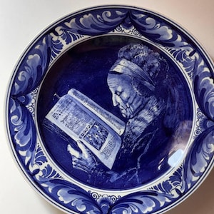 Wide Hand-Painted Delft Blue Plate “Rembrandt’s Mother” by RAM | 29 cm Wall Plate | Dutch Porcelain Art | Collectible Delftware