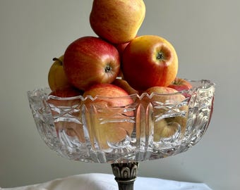 Italian Crystal Pedestal Fruit Bowl – Ornate Silver Base, Cut Glass Centerpiece, art deco tableware