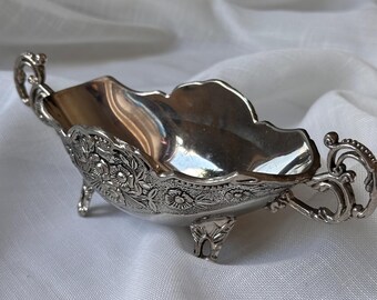 Vintage Melchior suikerpot – sierlijke bloemen verzilverde sauskom (16 cm), Sovjet-tafeldecor