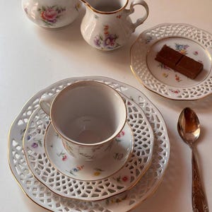 Vintage Porcelain Tea Trio, thin  Floral Lattice Tea Cup & Saucer, German Bone China, Elegant Tea Set, Burg Landau, collectible porcelain