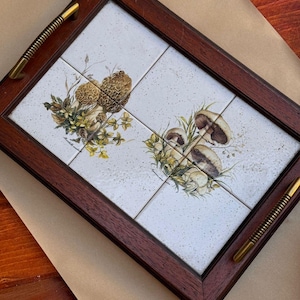 Vintage Wooden Serving Tray with Ceramic Tiles, Rustic Mid Century Mushroom Kitchen Decor, Retro Botanical Tile Tray Farmhouse Style, gift