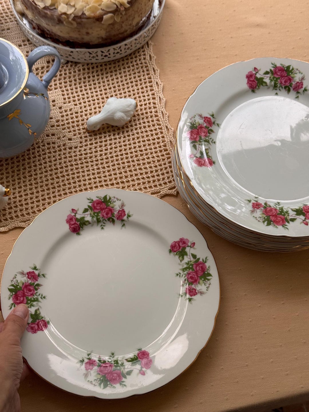 Vintage Pink Rose China Dinner Plates Set: Cottagecore Gold Trim - Etsy