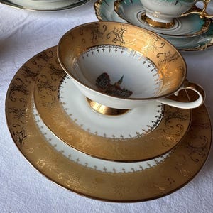Vintage Austrian Tea Trio Set | St. Pölten Porcelain Cup, Saucer & Plate | Hand-Painted Gold Trim | Collectible European China | golden one