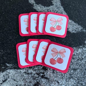 cerises avec un noeud | notes de boîte à lunch | cartes | merci cartes de correspondance | mini-cartes carrées | cartes et enveloppes | lot de 8