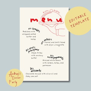Französisches Bistro Handgeschriebene druckbare Menü Vorlage Scribble Dinner Party Bearbeitbares Briefpapier Spaß Illustration Dekor Thema für Tablescape